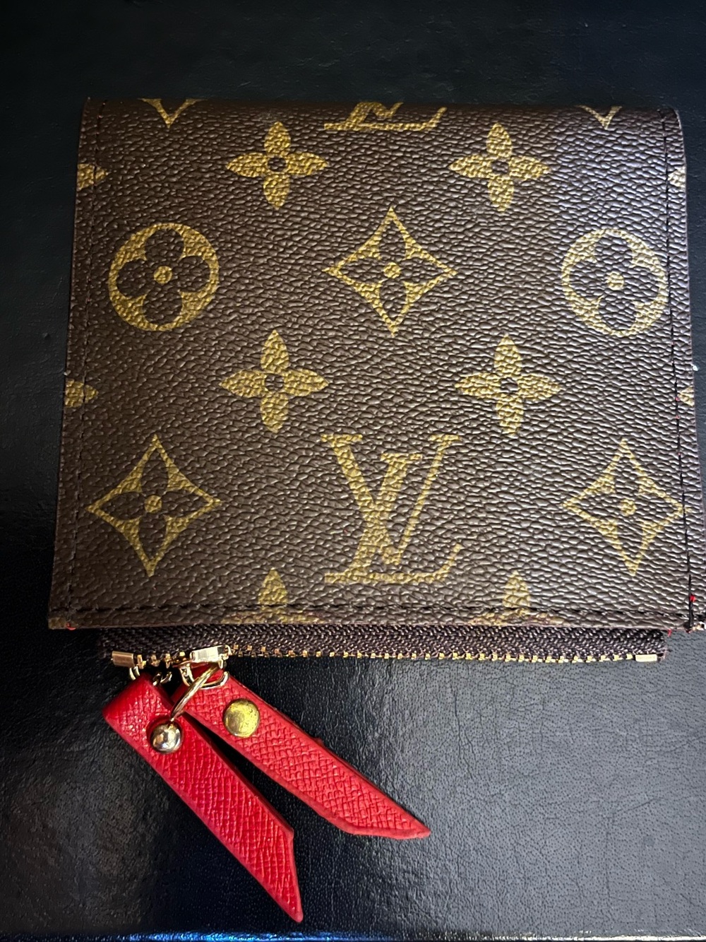 Louis. Vuitton. Brown Signature Monogram Red Inside Compact Wallet